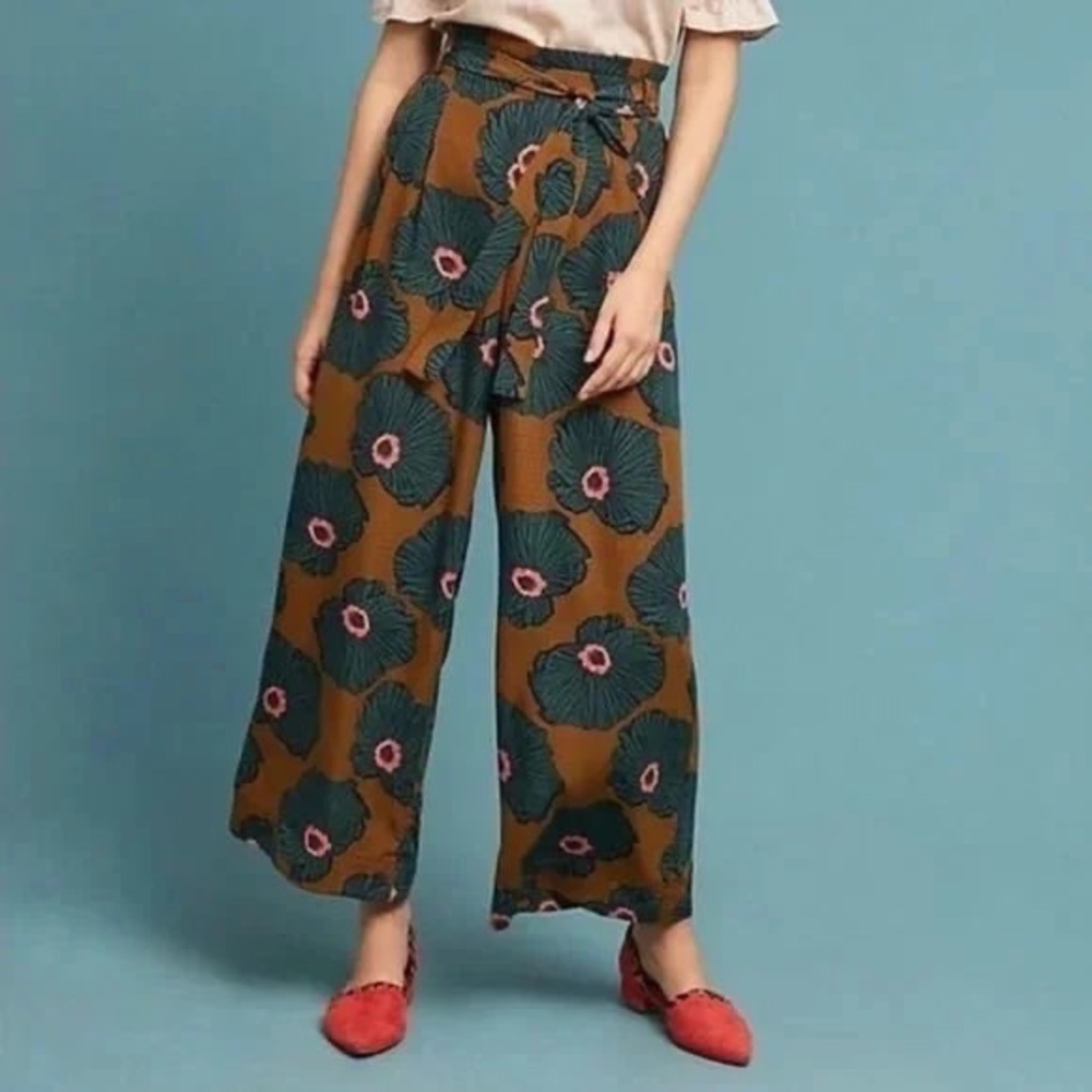 Anthropologie Wide Leg Pants - Mustard and Teal Floral